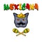 Cat face. Gray cat with sombrero, mustache and maracas. Mexicana text. Vector illustration.