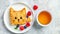 Cat face pancake breakfast for kids with berries, honey on white plate, bright background.
