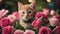 cat and flowers A comical kitten pretending to be a flower, with its head poking out from the center of a giant pink rose bouquet