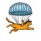 Cat fly with parachute sketch engraving vector