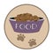 Cat food in a bowl - flat logo in circle. Cartoon drawing