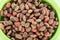 Cat food granules in a green bowl