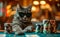 A cat gambler in sunglasses makes stacks in a casino. Generative AI