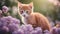 cat in the garden An adorable red kitten with a curious expression, nestled among soft lilac flowers,