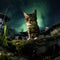 A cat gazes at the starlit sky, surrounded by fireflies in a green garden, near abandoned buildings, Ai Generated