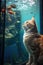 cat gazing at a fish tank, underwater perspective