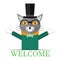 Cat gentleman and aristocrat in a suit with a hat and glasses with welcome lettering. Friendly pose. 