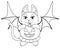 Cat girl in a bat costume and a skirt with a pumpkin in her paws - vector linear picture for coloring. Halloween picture of a cat