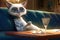 Cat glamorous Hollywood starlet, draped in diamonds and furs, lounging on a chaise longue with a martini in hand, cartoon style