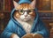 Cat with glasses. Cat in a blue hoodie. Round glasses. Ginger cat close up. Fantastic background. AI generated