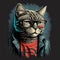 Cat With Glasses Wearing Cool Shirt, Watercolor Design - Generative AI