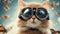 cat with googles A playful kitten with an amused expression, wearing a tiny aviator hat and goggles,