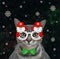 Cat gray in Christmas mask at night