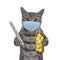 Cat gray in mask with thermometer
