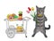 Cat gray near table trolley with donuts