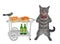 Cat gray near table trolley with food