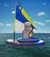Cat gray sailor with rum in sailing dinghy
