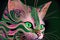 a cat with green eyes and a psychedelic look on its face, with a green background and a black background, with a green e