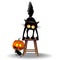 Cat Halloween standing on a Chair Scared by a  Mouse carrying a Pumpkin - Vector illustration