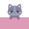 Cat hanging on paper. Funny Kawaii pet animal. Gray kitten with holding hands. Paw print on the table. Line contour doodle