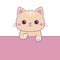 Cat hanging on paper. Funny Kawaii pet animal. Paw print on the table. Red kitten with holding hands. Line contour doodle