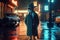 Cat hardboiled detective, smoking a cigarette and wearing a fedora, standing in front of a neon - lit sign in a rain - soaked