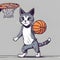 a cat that has a basketball in his hand and a basketball hoop