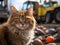 Cat in hat supervising toy truck construction