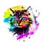 Cat head with eyeglasses and creative abstract elements on colorful background