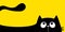 Cat head face silhouette, tail. Black peeking kitten face head looks up. Big eyes. Cute cartoon kawaii character. Funny pet animal