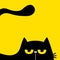 Cat head face silhouette, tail. Black peeking kitten face head. Yellow angry eyes. Cute cartoon kawaii character. Funny pet animal