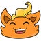 Cat head with a happy laughing face with yellow crested hair. doodle icon drawing