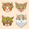 Cat heads with flower crown. Cute cats in floral wreath, funny kitties for birthday greeting cards. Girly vector print