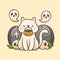 Cat holding pumpkin basket with ghosts in front of tombstones and skulls