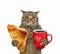Cat holds puff pastry and coffee