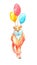 The cat holds three multicolored balloons, congratulates on the holiday, hesitates, shy, forgot about the special day, birthday