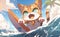 A cat on holiday rides a surfboard, cartoon style. Vacation, sport, surfing, summer time concept