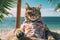 Cat on Holiday Sitting in Chair Wearing Beach Shirt and Sunglasses on Sea Beach