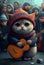 The cat in the hood plays on the city street among the crowd of people. AI Generated