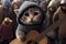 The cat in the hood plays on the city street among the crowd of people. AI Generated