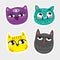 Cat icon collection Quad colorful isolated cat stickers Striped yellow cat purple cat with eye in forehead blue in