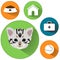 Cat icons. Cat food signs. Home pets signs. Home pets signs. Veterinary pets signs. Circles flat buttons with shadow.