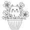 Cat and indoor flower, line drawing. Stylized character for coloring