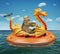 Cat on inflatable dragon in sea