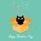 Cat inside opened cardboard package box. Hanging hearts. Happy Valentines day card Flat design style.