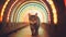 Cat inside a trippy psychedelic neon tunnel surrounded by bright lights at night - Generative AI