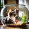 Cat is interested in the fish in the fish bowl - ai generated image