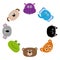 Cat, jaguar, dog, hippopotamus, elephant, bear, frog, koala. Round circle frame. Zoo animal head face. Cute cartoon character set.