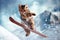 Cat Jumping Skier, Extreme Winter Sport Cats, Freestyle Skiing Kitty in Snow Mountains, Extreme