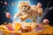 a cat jumps with marshmallows and cookies with fruits and splashes of sauce or cream on a colored background, delicious and